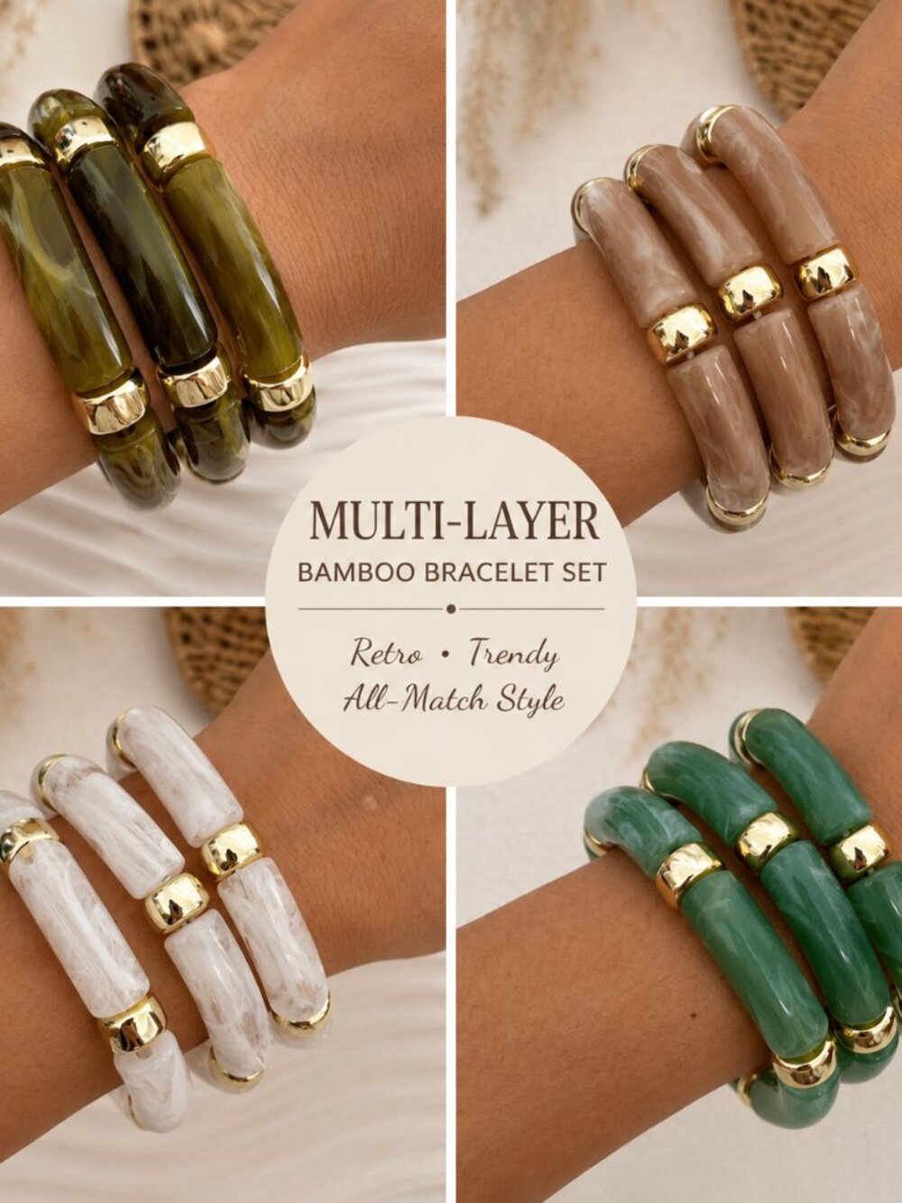 Boho Resin Bamboo Bangle Bracelet Set | Retro Multi-Layer Maillard Style